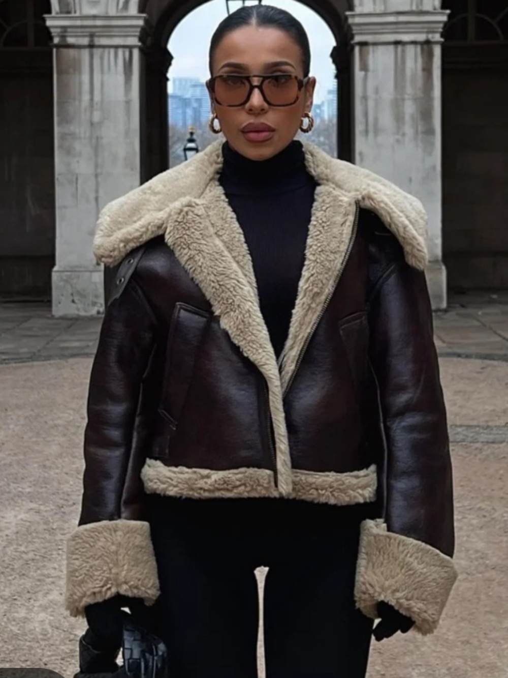 Zara Dark Brown Faux Leather Shearling Jacket with Beige Trim